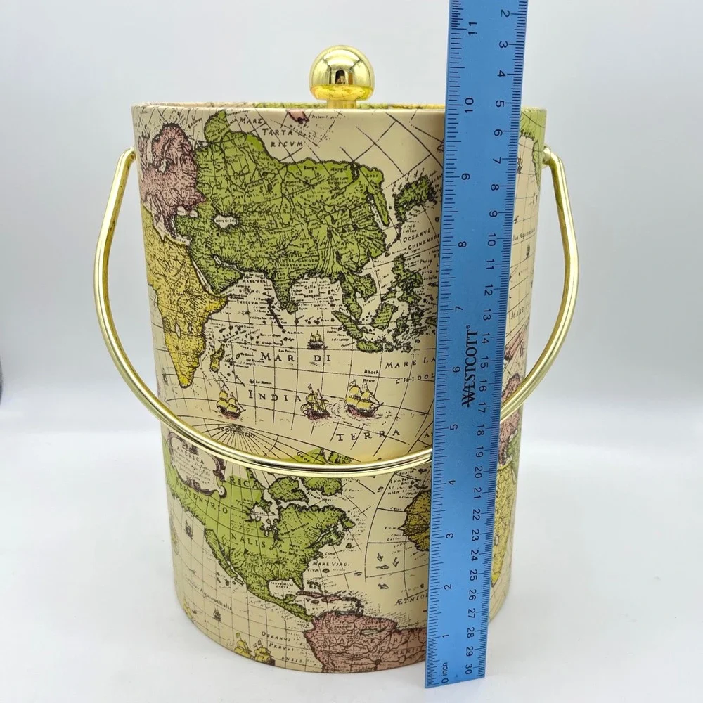 Mr Ice Bucket World Map 5 quart Gold Handle Lid Barware‎ Home Decor